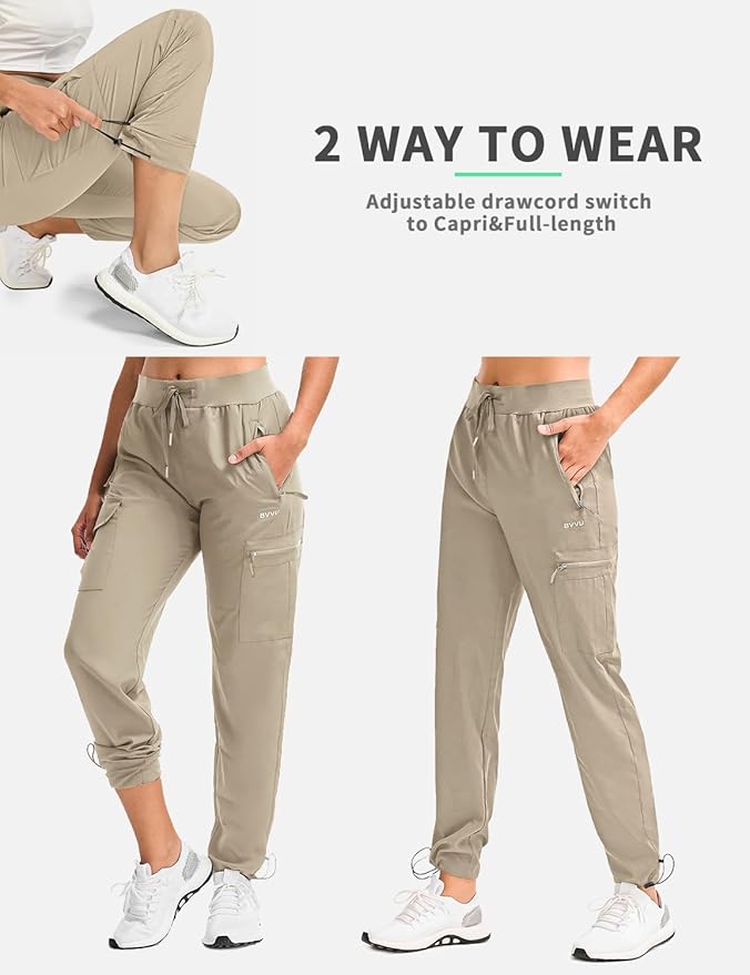 BVVU Women's Hiking Pants Lightweight Quick Dry Travel Outdoor Pants Waterproof Work Cargo Joggers with Zipper Pockets