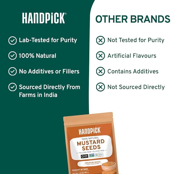 HANDPICK Yellow Mustard Seed (397g/14oz) Non GMO, Gluten Free, 100% Raw, Sourced from India, For Cooking, Pickles, Packed in Resealable Ziplock Pouch