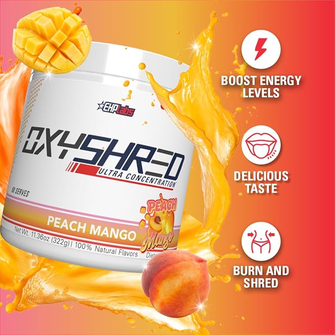 EHP Labs OxyShred Pre Workout Powder - Preworkout Powder with L Glutamine & Acetyl L Carnitine, Energy Boost Drink - Peach Mango, 60 Servings