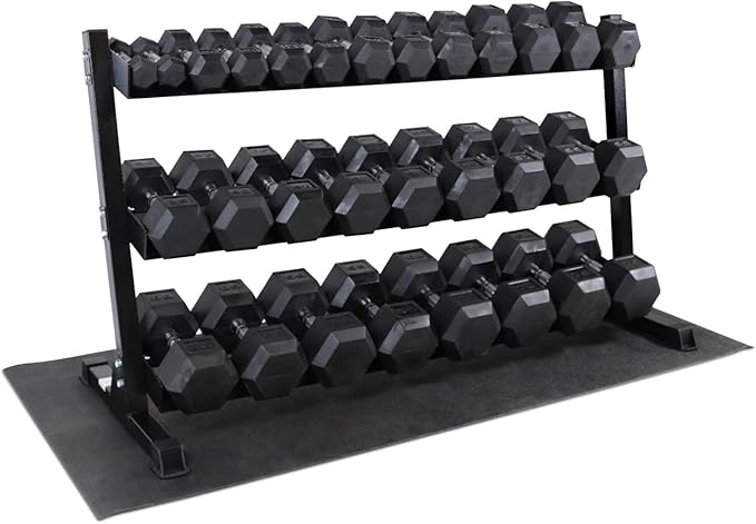 WF Athletic Supply Rubber Coated Hex Dumbbell Set, Multiple Choices Available - Dumbbells with Rack Stand and Mat, or Dumbbells Only (200/550/1200/2100/3000 LB)
