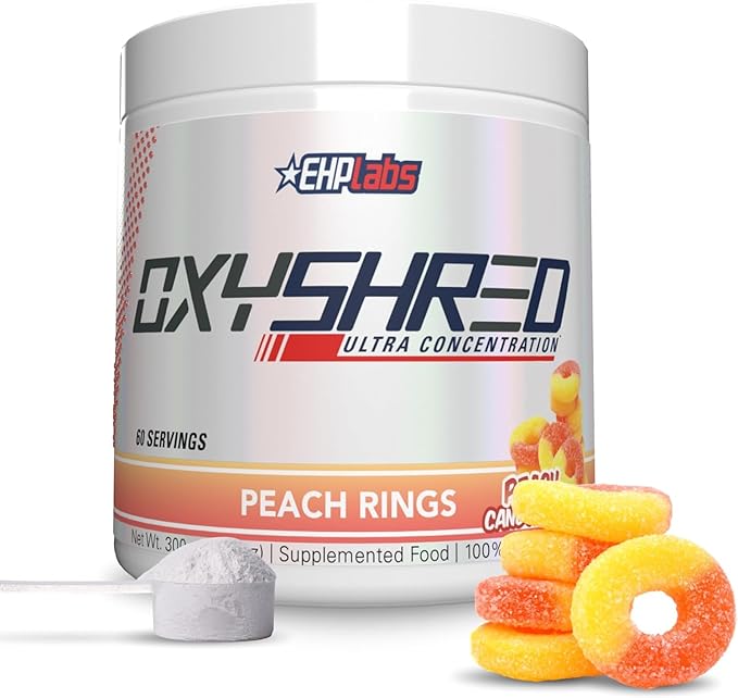 EHP Labs OxyShred Pre Workout Powder - Preworkout Powder with L Glutamine & Acetyl L Carnitine, Energy Boost Drink - Peach Candy Rings, 60 Servings
