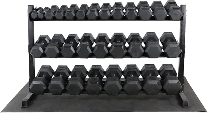 WF Athletic Supply Rubber Coated Hex Dumbbell Set, Multiple Choices Available - Dumbbells with Rack Stand and Mat, or Dumbbells Only (200/550/1200/2100/3000 LB)