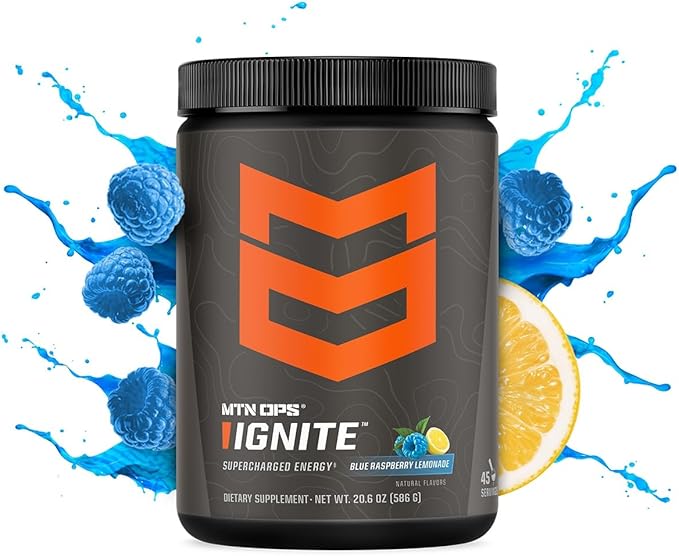 MTN OPS Ignite Energy Drink Powder, Gluten Free Nootropic Supplement Drink Mix, L Arginine, L Citrulline, Caffeine & Nootropic Sugar Free Drink Mix, 45 Servings, Blue Raspberry Lemonade