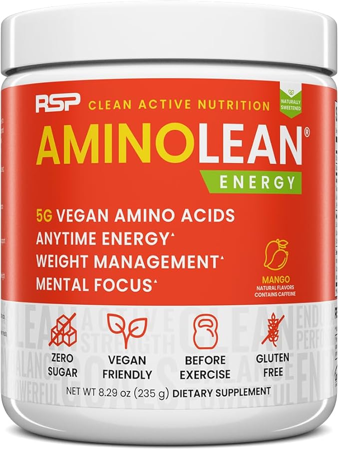 RSP NUTRITION AminoLean Natural Pre Workout Powder, Sucralose Free Amino Energy with No Artificial Dyes, Vegan BCAAs and Weight Management, Mango, 25 Serv