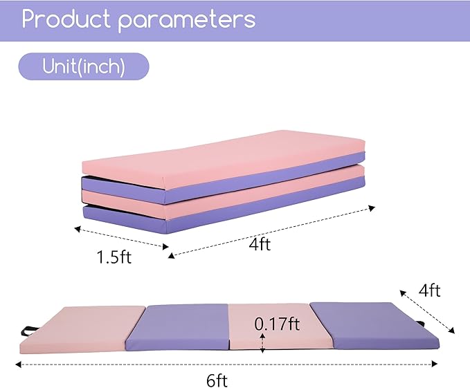 Gymnastics Tumbling Mats Portable Gymnastics Mat Foldable Tumbling Mat 2'x6'/4'x8' PU Leather Exercise Mat Yoga Mat with Carrying Handles for home Workout outdoor Yoga Gymnastics