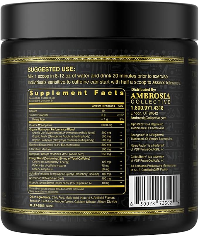 Ambrosia Kinetic Organic Preworkout, Mushroom Enhanced Natural Pre Workout Supplement, Nootropic Superfood Powder for Energy (Strawberry Guava)