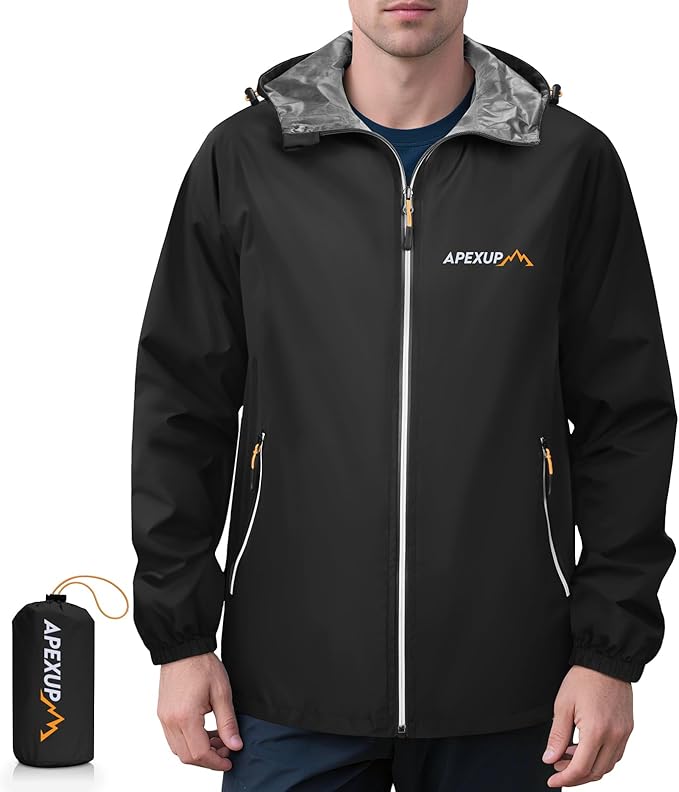 APEXUP Packable Rain Jacket Men with Reflective Zipper, Lightweight Waterproof Raincoat, Mens Rain Jacket for Outdoor Sports