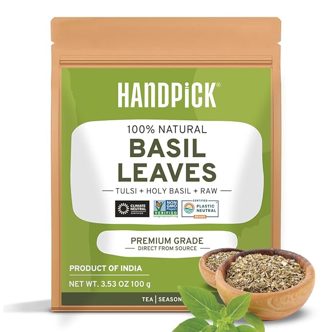 HANDPICK Dried Basil Leaves 40 Servings (100g/ 3.5oz) Non GMO, Gluten Free, 100% Raw Whole Tulsi Leaf, Sourced from India, Premium Quality, Packed in Resealable Ziplock Pouch