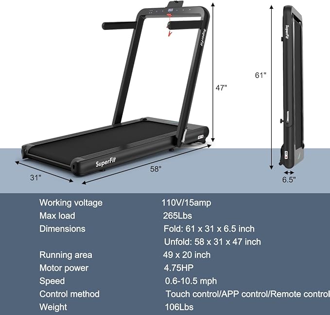 GYMAX Walking Pad, 4.75HP Under Desk Treadmill with LED Touch Screen, App Control, Built-in Speaker & Handle, 2 in 1 Folding Compact Portable Treadmill for Home Small Space