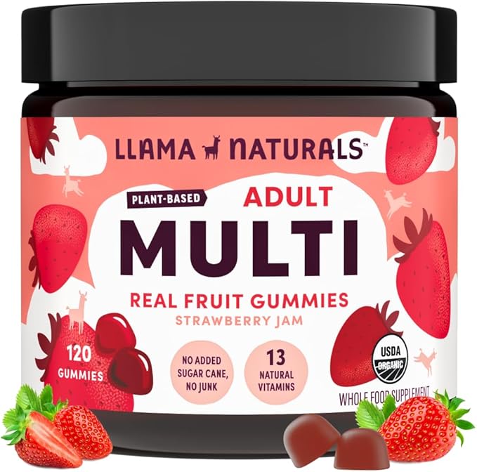 Llama Naturals Multivitamin for Women & Men, Vegan, Organic Gummies with Vitamin D, C & K, Adults Real Fruit Gummy Vitamins, Chewable Multivitamin Supplement, No Added Sugar Cane, Strawberry, 120 Ct