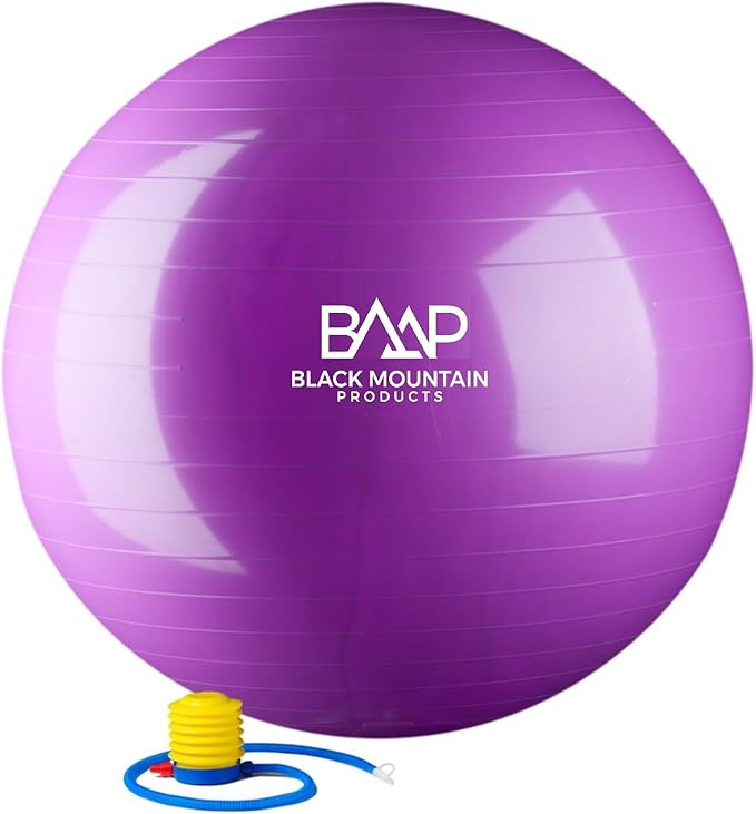 Black Mountain Products Exercise Stability Yoga Ball, Foot Pump, Ball Plug, Plug Puller, 2000 Lbs Static Weight Capacity Antiburst