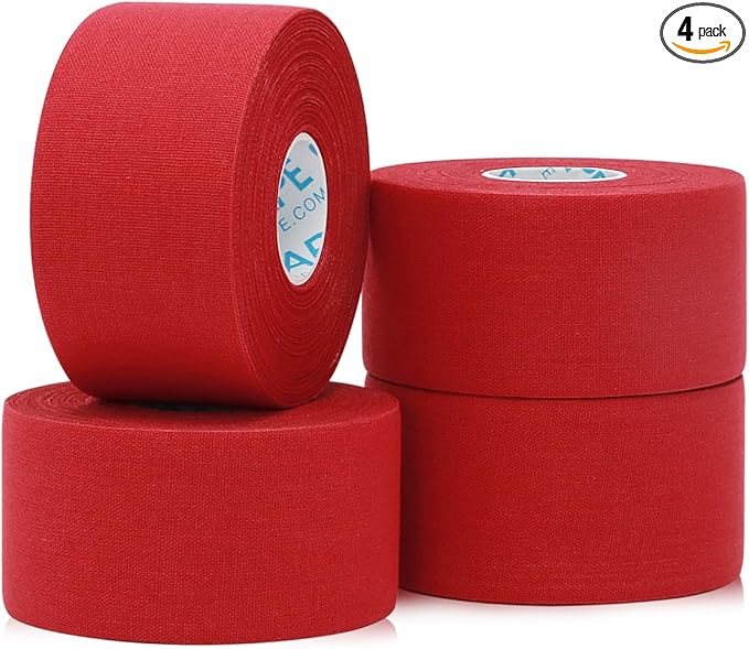 OK TAPE Athletic Sports Tape（4 Packs) - 45ft Per Roll Very Strong Tape for Athlete & Sport Trainers & First Aid Injury Wrap, Perfect for Fingers Ankles Wrist on Bat, Hockey Stick - Red