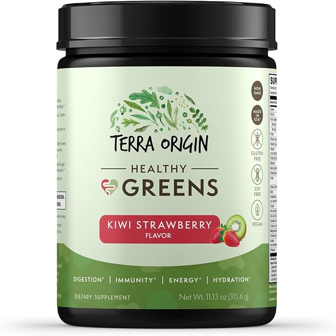 TERRA ORIGIN Healthy Greens Powder Blend | Superfoods, Probiotics, Enzymes, Spirulina | for Immune & Digestive Gut Health Support | Energy & Wellness Boost | 30 Servings (Kiwi Strawberry)