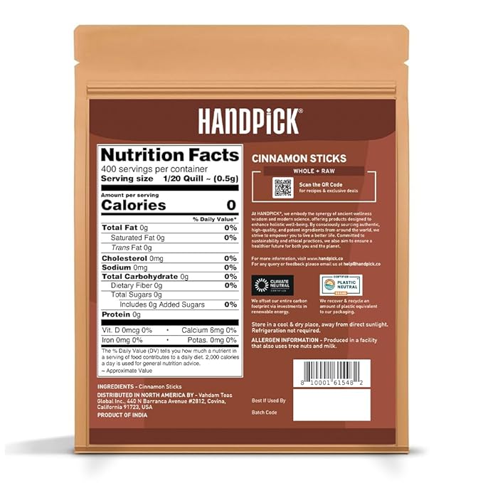 HANDPICK, Cinnamon Sticks (7 oz) 100% Raw, Non-GMO, Gluten-Free | Premium Quality | Resealable Ziplock Pouch | Perfect for Baking, Cooking & Beverages