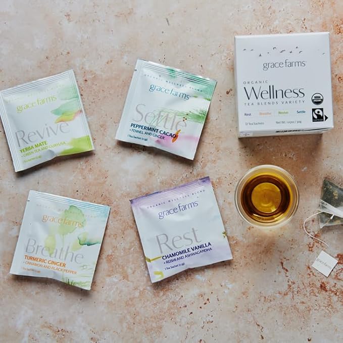 Grace Farms Wellness Organic Tea Blend Variety Box (12 Enveloped Sachets) | BREATHE, REST, REVIVE, and SETTLE | 3 Sachets of Each Tea With Adaptogens | Fairtrade & Kosher | Gives Back 100% of Profits