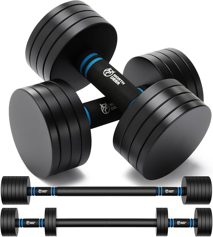 Northdeer V2.0 Upgraded Adjustable Steel Dumbbells 40LB / 60LB - 2 in 1 Dumbbell Barbell Set for Home Gym Workout - Compatible with V1.0 Dumbbells