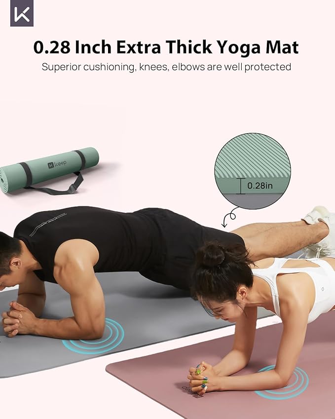 KEEP Yoga Mat, 32" Extra Wide Exercise Mat with Strap for Men and Women, 7mm Thick Double-Sided Non-Slip Eco-friendly Yoga Mat for Pilates, Workout and Fitness