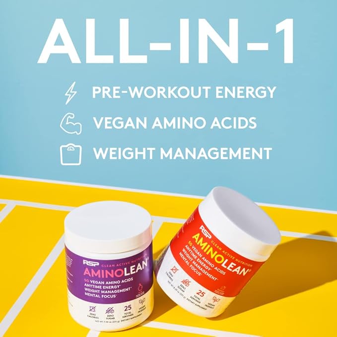 RSP NUTRITION AminoLean Natural Pre Workout Powder, Sucralose Free Amino Energy with No Artificial Dyes, Vegan BCAAs and Weight Management, Acai, 25 Serv