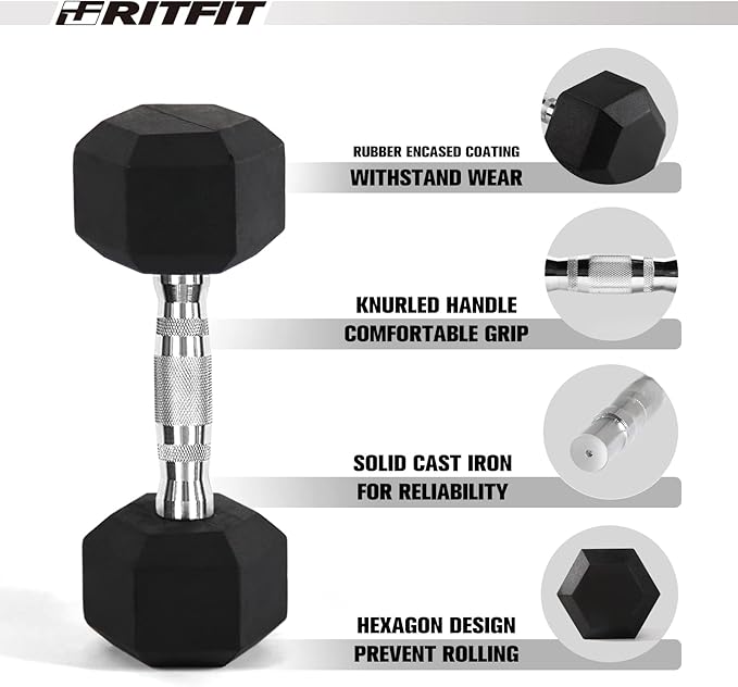 RITFIT 300/350/450/650/180/200/210 LB Rubber Hex Dumbbells Set with Optional Dumbbell Rack, Multi Weight Set to Choose, Ideal for Home Gym and Fitness