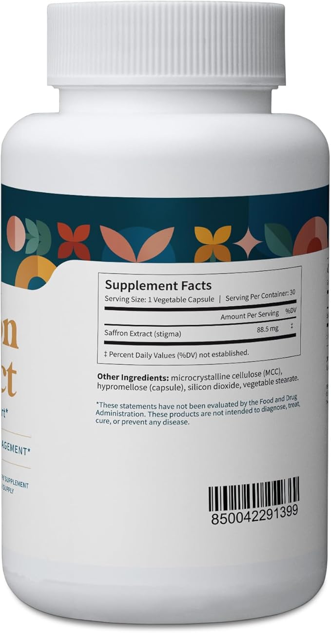 Pattern Wellness Saffron Extract - Mood, Energy & Appetite Support - 88.5mg Pure Saffron Supplement - Non-GMO & Gluten-Free - 30 Vegetable Capsules