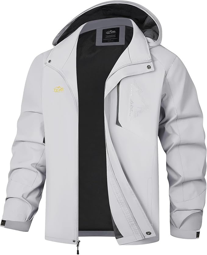 TEZO Mens Rain Jacket Waterproof with Hooded Hiking Coat Lightweight Windbreaker