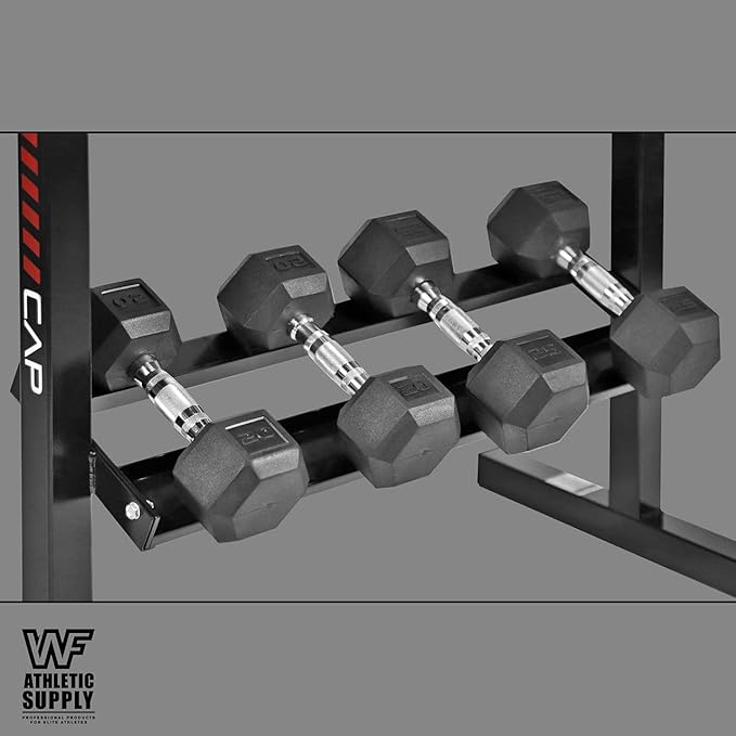 WF Athletic Supply Rubber Coated Hex Dumbbell Set with Two Tier Premium Storage Rack Built for Strength Building, Weight Loss & Home Gym – Multiple Sets Available