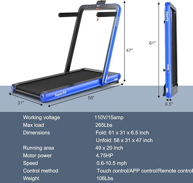 GYMAX Walking Pad, 4.75HP Under Desk Treadmill with LED Touch Screen, App Control, Built-in Speaker & Handle, 2 in 1 Folding Compact Portable Treadmill for Home Small Space