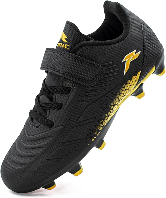 RUNIC Kids Soccer Cleats for Boys and Girls - Small and Big Kid Athletic Outdoor Football Shoes - Firm Ground - Hook and Loop Closure - Black/Gold
