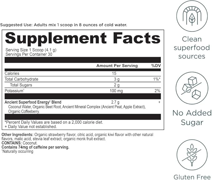Ancient Nutrition Clean Energy Powder, Strawberry Kiwi, Supports Healthy Energy and Cognitive Health, Promotes Mental Alertness and Focus, 30 Servings