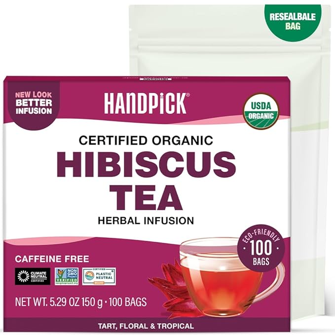 HANDPICK, Organic Hibiscus Tea Bags (100 Tea Bags) | Caffeine-Free, 100% Natural Pure Indian Hibiscus Flowers | Ayurvedic Benefits in every sip