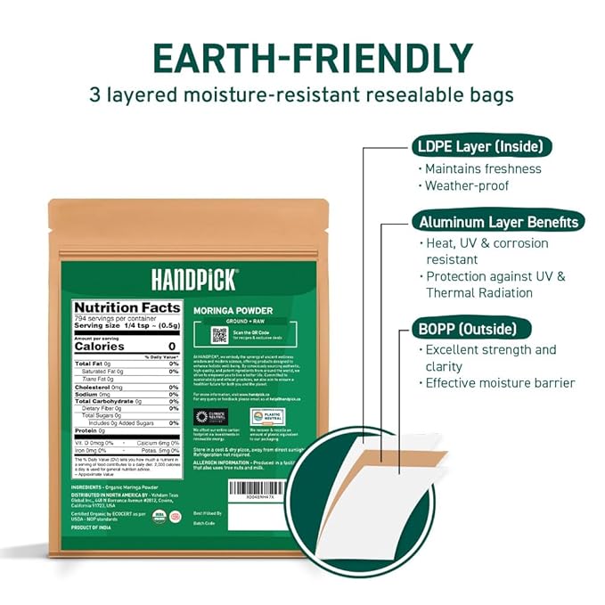 HANDPICK USDA Organic Moringa Powder (397g/14oz) Pure Moringa Oleifera Leaf Powder | Authentic Indian Origin | Gluten Free, Non-GMO | Perfect for Smoothies, Drinks, Tea & Recipes