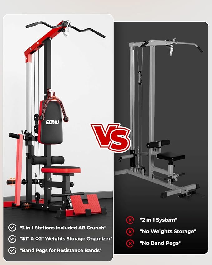 LS01 LAT Pulldown Machine, LAT Row Cable Machine with AB Crunch, LAT Tower with Cable Row Attachments, 3 in 1 Pulley Stations for Home Gym