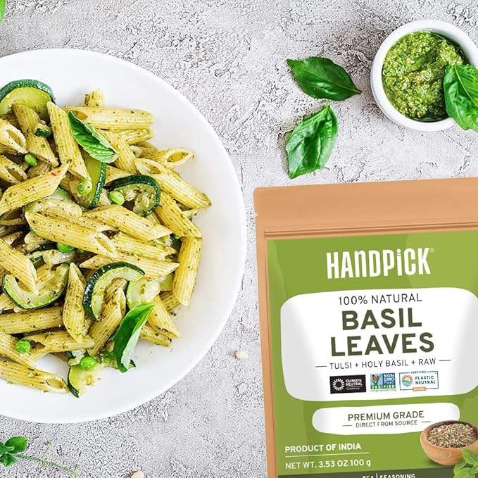 HANDPICK Dried Basil Leaves 40 Servings (100g/ 3.5oz) Non GMO, Gluten Free, 100% Raw Whole Tulsi Leaf, Sourced from India, Premium Quality, Packed in Resealable Ziplock Pouch