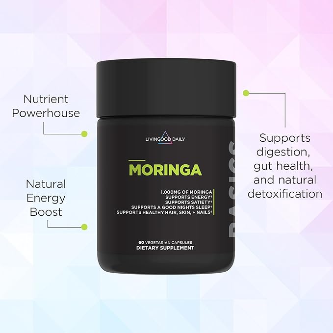 Livingood Daily Moringa Capsules, Moringa Supplement for Energy, Sleep, Satiety, Hair, Skin, Nails & Wellness, Plant Based Vegetarian, Gluten Free, Non GMO, Vegan, Daily Greens Superfood, 60 Capsules