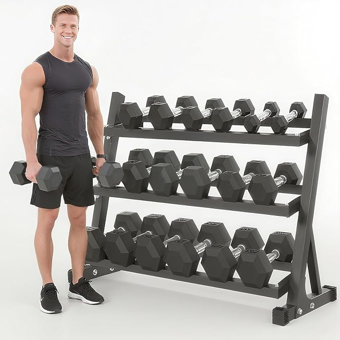 Yufer 6-10 Pair Iron and Rubber Coated Dumbbell Set 350/450 and 550 lbs 5-50 lbs Hand Free Weight for Strength Hex Rubber Weights with Vertical Storage Rack Fitness Home Gym Equipment
