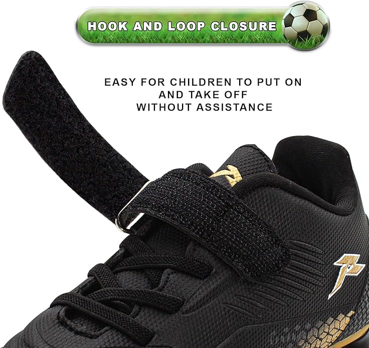 RUNIC Kids Soccer Cleats for Boys and Girls - Small and Big Kid Athletic Outdoor Football Shoes - Firm Ground - Hook and Loop Closure - Black/Gold