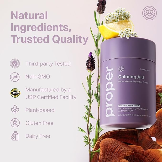 Proper, The Lavenders Calming Aid. Magnesium Supplement Relaxation Drink Mix with GABA, L-Theanine, Lavender, Lemon Balm, and Ashwagandha. Natural Calm Stress Support Supplements