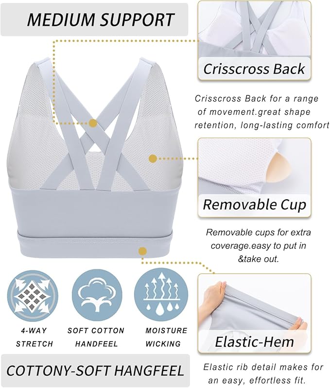 RUNNING GIRL Sports Bra for Women, Criss-Cross Back Padded Strappy Sports Bras Medium Support Yoga Bra with Removable Cups