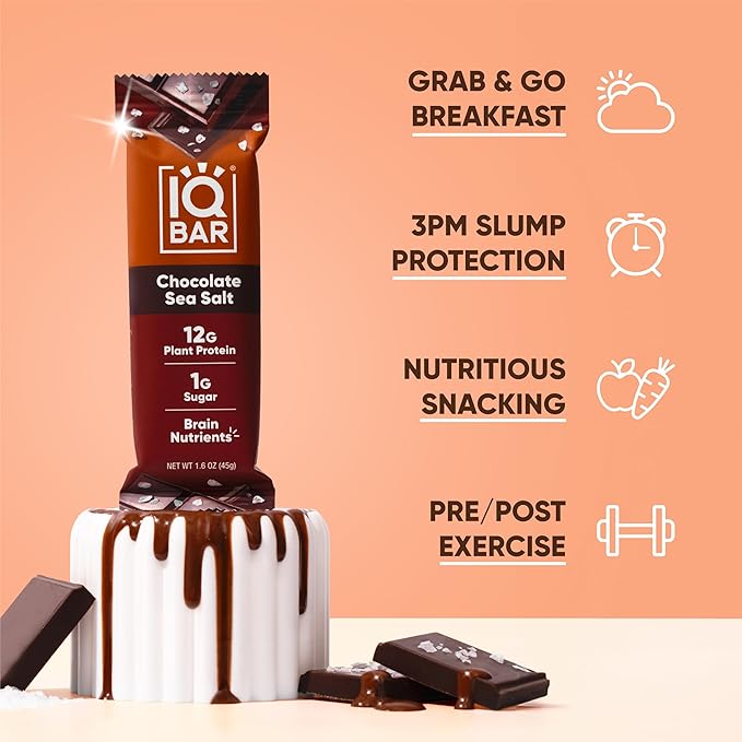 IQBAR Brain and Body Plant Protein Bars - Chocolate Sea Salt - 36-Count Low Carb - Gluten Free, High Fiber, Vegan Snacks - Low Sugar Meal Replacement