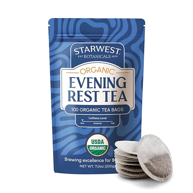 Starwest Botanicals Organic Evening Rest Tea - Caffeine Free Herbal Tea Blend for Sleep, Contains Chamomile & Lemon Balm, String Free Sachets, USDA Organic, Non GMO - Bulk Pack, 100 Tea Bags