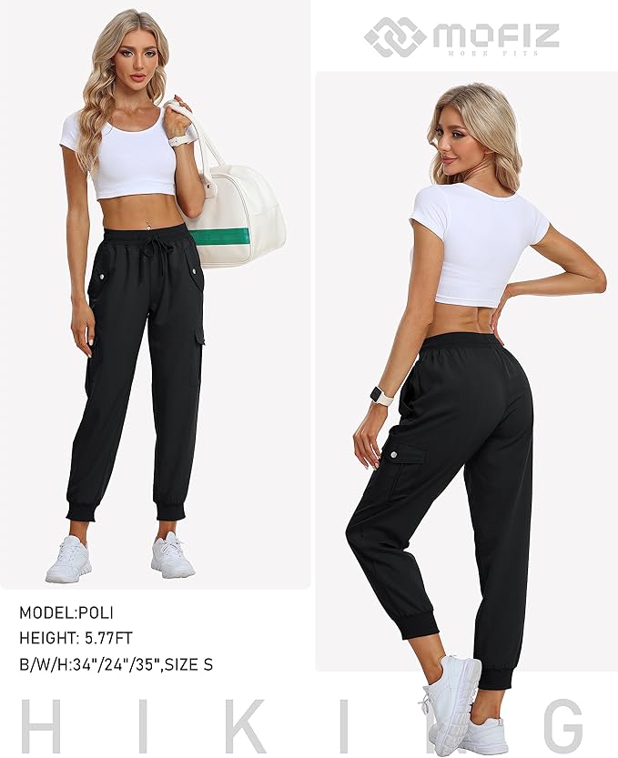 MoFiz Women's Outdoor Cargo Pants Lightweight Joggers Elastic Waist Athletic Hiking Sweatpants Casual Travel Pant with Pocket
