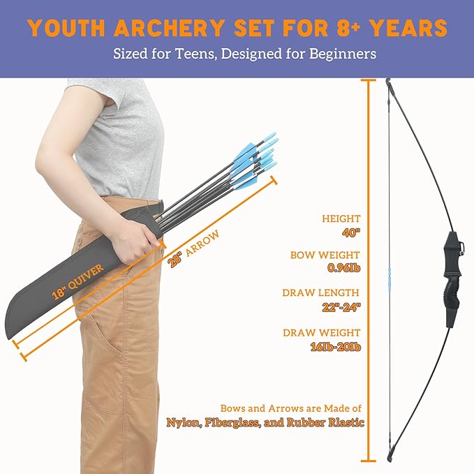 40" Youth Bow and Arrow Set for Kids 8-12 & Teens - Ambidextrous Recurve Archery Gear with Safety Arrows - Toys for Ages 8-13, Backyard Games Gift for Beginner Archers