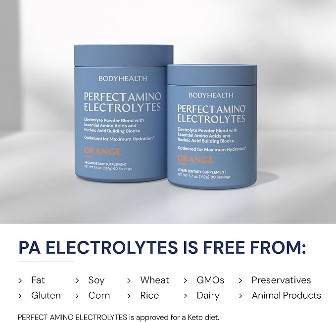 BodyHealth PerfectAmino Electrolytes Powder No Sugar, Keto Sugar Free Fasting Electrolytes Drink Mix, Hydration Powder with Trace Minerals - Orange - 30 Servings