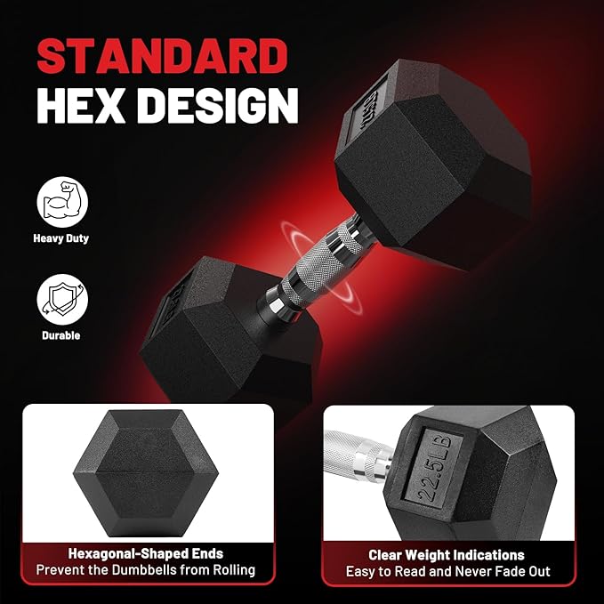 PAPABABE Hex Dumbbell Set 45-550 lb, Rubber Encased Home Gym Dumbbells, Weights Dumbbells for Women & Men, Hand Weight for Strength Training