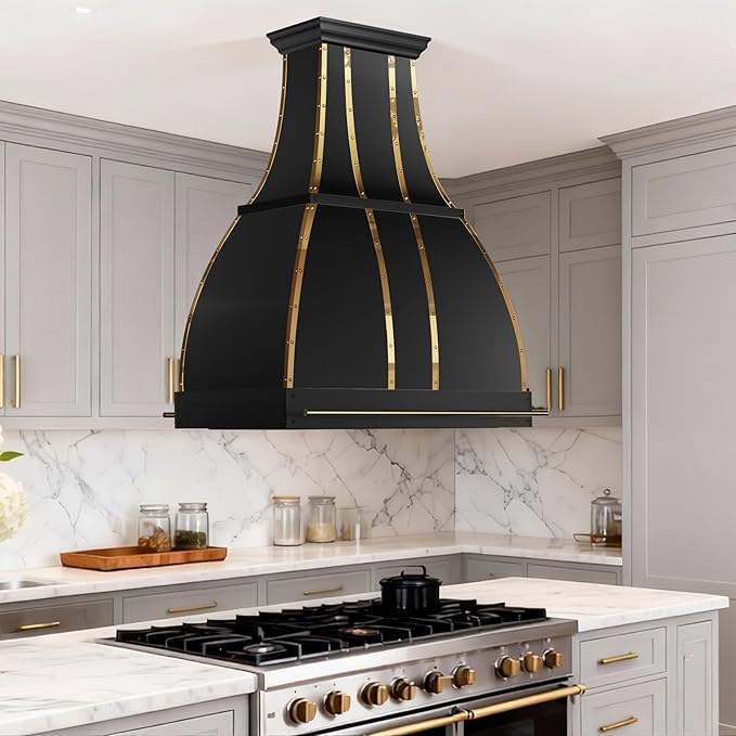CHETTO C Stainless Steel Range Hood Cover with 4-Speed Vent Hood Insert Custom Handmade Metal Kitchen Fan with Towel Rack LED Light 60"W x27"D x48"H Black Island Mount