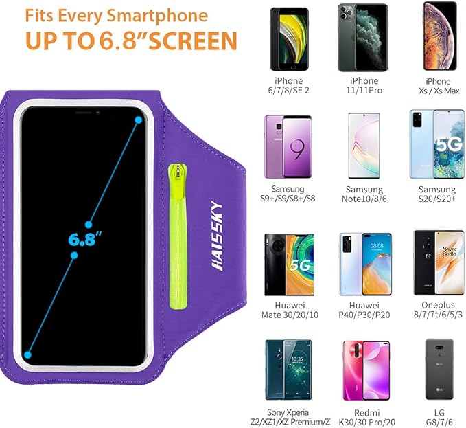 Running Armband with Earphone Bag Cell Phone Armband for iPhone 16 15 Pro 14 Plus 13 11 XR XS, Galaxy S24/S10 Water Resistant Sports Phone Holder Case & Zipper Slot Car Key Holder for 6.7 inch Phone