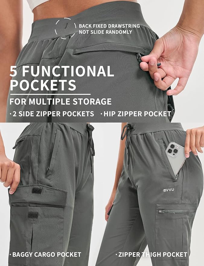 BVVU Women's Hiking Pants Lightweight Quick Dry Travel Outdoor Pants Waterproof Work Cargo Joggers with Zipper Pockets