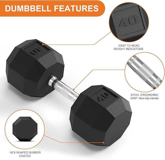 Rubber Coated Hex Dumbbell Weight Set, Multiple Sizes Exercise & Fitness Dumbbells,100LB Set,110LB Set,200LB,350LB,450LB,550LB, 35-50Lbs Pairs for Muscle Toning, Strength Building & Full Body Workout