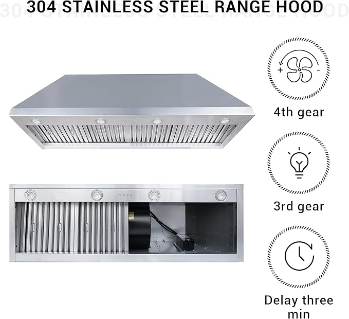 CHETTO C Stainless Steel Range Hood Cover with 4-Speed Vent Hood Insert Custom Handmade Metal Kitchen Fan with Towel Rack LED Light 54"W x27"D x45"H Black Island Mount