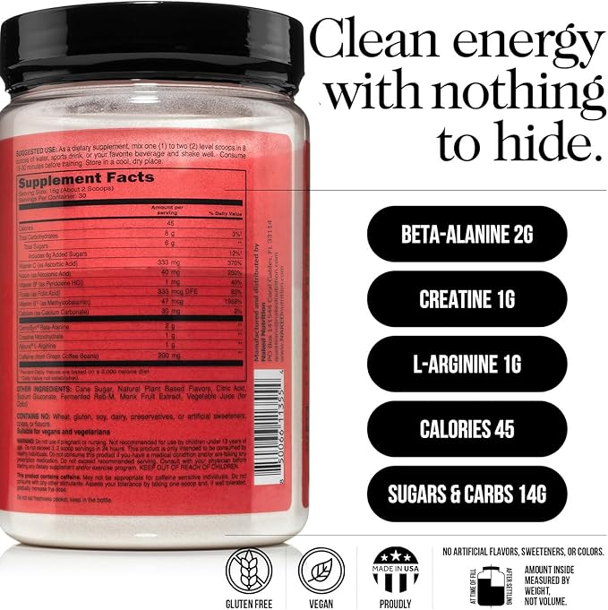 NAKED Cherry Lime Energy - Clean Pre Workout Supplement for Men and Women, Vegan Friendly, No Added Sweeteners, Colors Or Flavors - 30 Servings